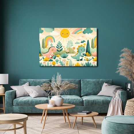WANDBILD SPIELETAG DER KLEINEN DINOS IN DER NATUR - KINDERBILDER TIERE - BILDER