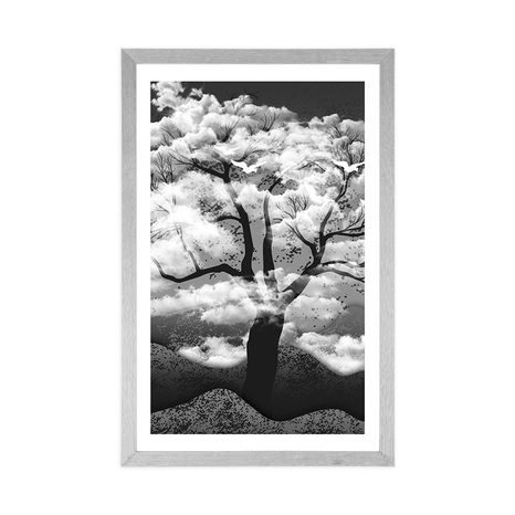 POSTER WITH MOUNT BLACK AND WHITE TREE COVERED IN CLOUDS - BLACK AND WHITE - POSTERS