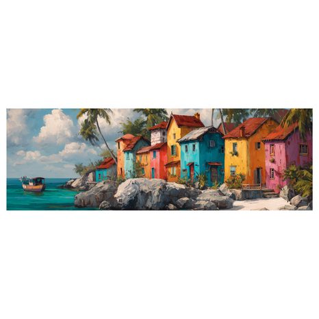 WANDBILD TROPISCHES IDYLL MIT PALMEN - BUNTE HÄUSER - BILDER