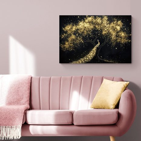 WANDBILD GOLDENER PFAU AUF DEM BAUM - WANDBILDER PFAUEN - BILDER