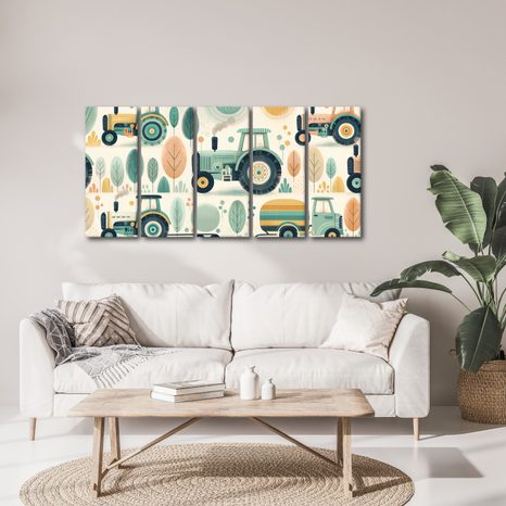 5-TEILIGES WANDBILD BUNTE TRAKTOREN IM WALD - KINDERBILDER VERKEHRSMITTEL - BILDER