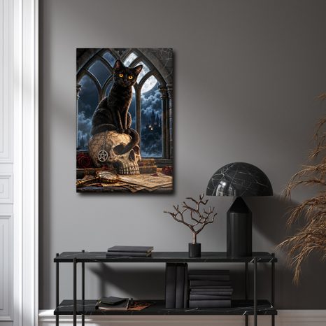 WANDBILD GEHEIMNISVOLLE KATZE IM GOTISCHEN STIL - HALLOWEEN- UND HORROR-BILDER - BILDER