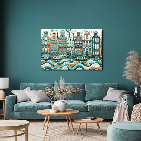 TABLOU CASE COLORATE LÂNGĂ UN CANAL ONDULAT - TABLOURI CU ORAȘE - TABLOURI