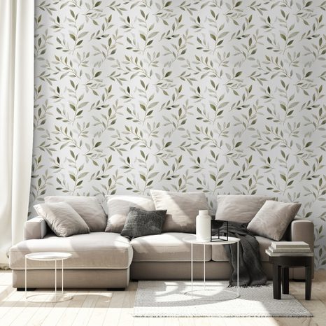 SAMOLEPÍCÍ TAPETA JEMNÉ OLIVOVÉ LÍSTKY NA ŠEDÉ - TAPETY LISTY - TAPETY