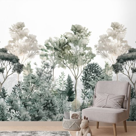 FOTOTAPET AUTOADEZIV PLANTE VERZI ÎN ACUARELĂ - TAPET COPACI - TAPETURI