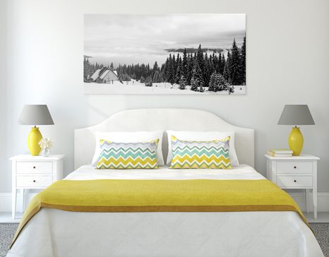 SLIKA KOČA V ZASNEŽENI NARAVI V ČRNOBELI IZVEDBI - ČRNOBELE SLIKE - SLIKE