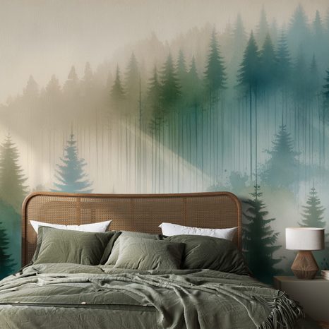 TAPETE NEBLIGER WALD IN AQUARELL - TAPETEN WALD - TAPETEN