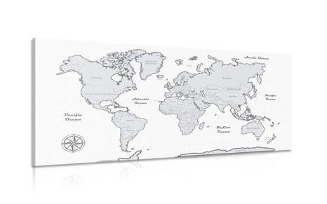 CANVAS PRINT BEAUTIFUL BLACK AND WHITE MAP OF THE WORLD - PICTURES OF MAPS - PICTURES