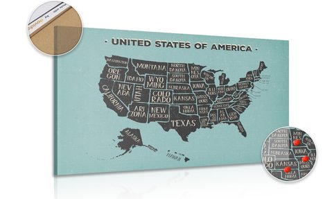 PICTURE ON CORK EDUCATIONAL MAP OF USA WITH BLUE BACKGROUND