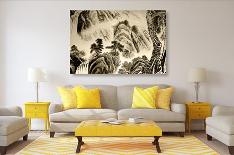 OBRAZ ČÍNSKA KRAJINOMAĽBA V SÉPIOVOM PREVEDENÍ - ČIERNOBIELE OBRAZY - OBRAZY