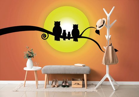 TAPETE EULENFAMILIE AUF DEM BAUMZWEIG - KINDERTAPETEN - TAPETEN