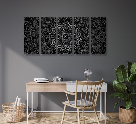 5-DÍLNÝ OBRAZ VINTAGE MANDALA V INDICKÉM STYLU V ČERNOBÍLÉM PROVEDENÍ - ČERNOBÍLÉ OBRAZY - OBRAZY