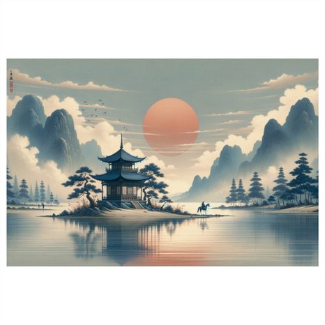 OBRAZ JAPONSKÝ CHRÁM A JEZERO - OBRAZY VÝCHOD A ZÁPAD SLUNCE - OBRAZY