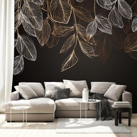 TAPET FRUNZE AURII ELEGANTE PE FUNDAL ÎNCHIS - TAPETE FRUNZE - TAPETURI