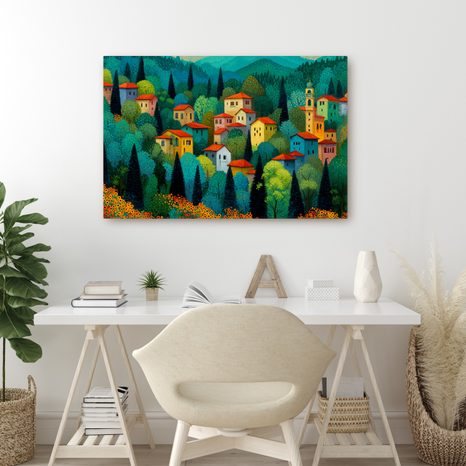 OBRAZ VESNICE V LETNÍM LESE - BAREVNÉ DOMY - OBRAZY