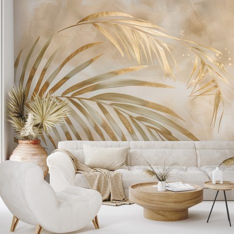 ZELFKLEVEND FOTOBEHANG GOUDEN PALMBLADEREN OP BEIGE ACHTERGROND - FOTOBEHANG BLADEREN - FOTOBEHANG