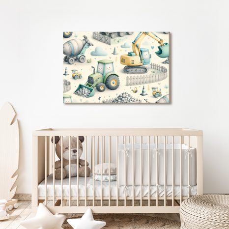 WANDBILD FRÖHLICHE BAUSTELLENFAHRZEUGE - KINDERBILDER VERKEHRSMITTEL - BILDER