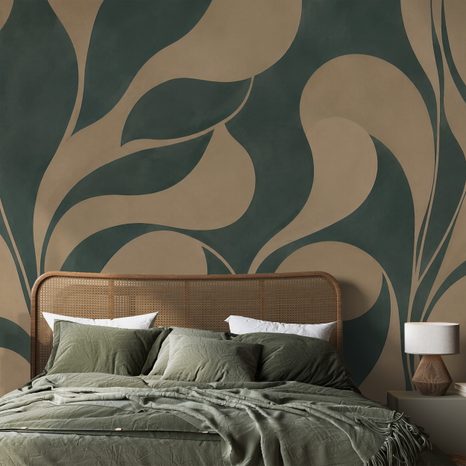 ZELFKLEVEND FOTOBEHANG ABSTRACTE BEIGE BLADEREN IN GROEN - FOTOBEHANG ABSTRACT - FOTOBEHANG