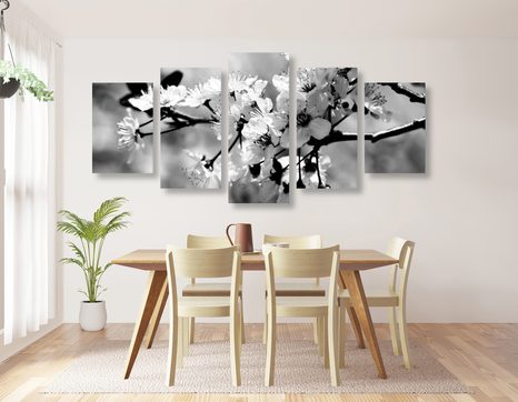 5-TEILIGES WANDBILD KIRSCHBLÜTE IN SCHWARZ-WEISS - SCHWARZ-WEISSE BILDER - BILDER