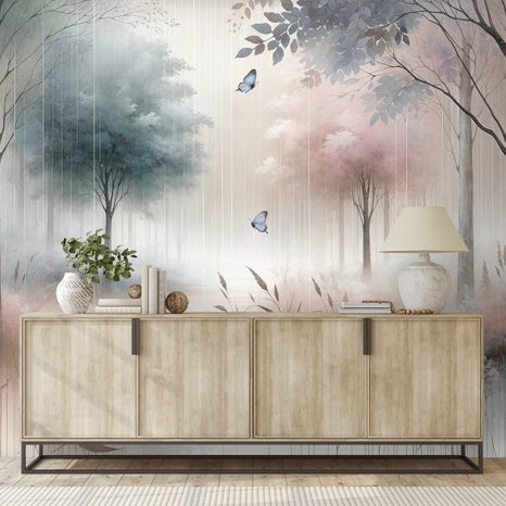 TAPETA JEMNÝ LESNÝ SEN S MOTÝĽMI - TAPETY LES - TAPETY