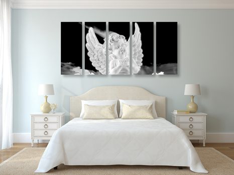 5-DÍLNÝ OBRAZ ČERNOBÍLÝ PEČLIVÝ ANDÍLEK NA NEBI - ČERNOBÍLÉ OBRAZY - OBRAZY
