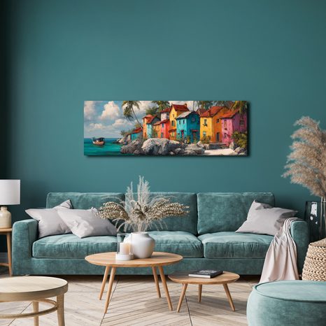 WANDBILD TROPISCHES IDYLL MIT PALMEN - BUNTE HÄUSER - BILDER