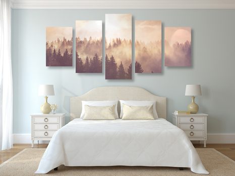 5-CZĘŚCIOWY OBRAZ MGŁA NAD LASEM - OBRAZY PRZYRODY I KRAJOBRAZY - OBRAZY