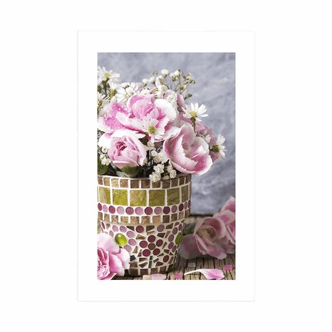 POSTER MIT PASSEPARTOUT NELKENBLÜTEN IM MOSAIK-BLUMENTOPF - VASEN - POSTER