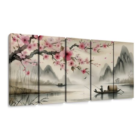 5-TEILIGES WANDBILD FISCHER UND KIRSCHBLÜTEN - BILDER SEEN - BILDER