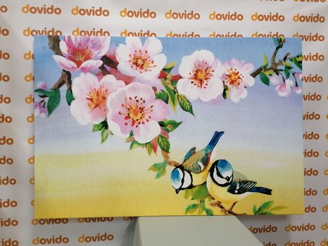 OBRAZ SÝKORKY A KVETOUCÍ KVĚTINY - VINTAGE A RETRO OBRAZY - OBRAZY