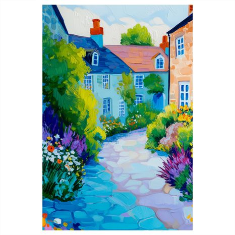 OBRAZ MALEBNÁ VESNICE S KVĚTINAMI - BAREVNÉ DOMY - OBRAZY