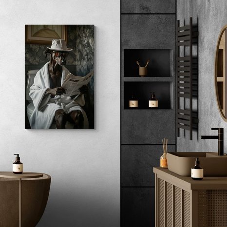 OBRAZ PES S NOVINAMI NA ZÁCHODE - OBRAZY PSY - OBRAZY