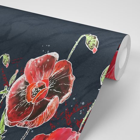 SELBSTKLEBENDE TAPETE ROTE MOHNBLUMEN AUF SCHWARZEM HINTERGRUND - SELBSTKLEBENDE TAPETEN - TAPETEN