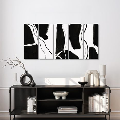 TABLEAU EN 5 PARTIES – LIGNES ABSTRAITES EN NOIR ET BLANC - IMAGES FORMES ABSTRAITES - TABLEAUX