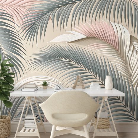SAMOLEPÍCÍ TAPETA PASTELOVÉ PALMOVÉ LISTY NA BÉŽOVÉ - TAPETY LISTY - TAPETY