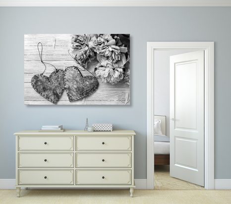 WANDBILD PFINGSTROSEN UND BIRKENHERZEN IN SCHWARZ-WEISS - SCHWARZ-WEISSE BILDER - BILDER