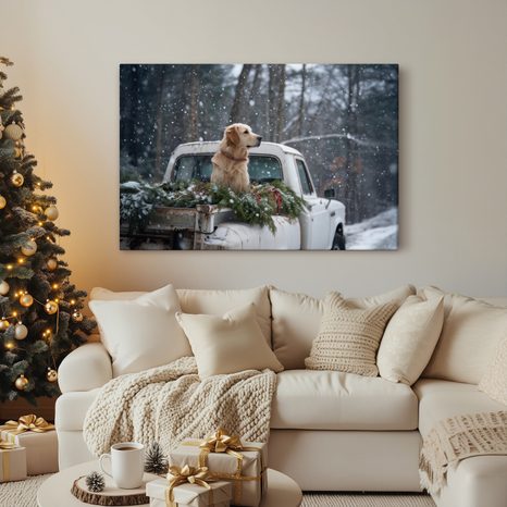 OBRAZ VÁNOČNÍ PES NA ZASNĚŽENÉ KORBĚ - VÁNOČNÍ A ZIMNÍ OBRAZY - OBRAZY