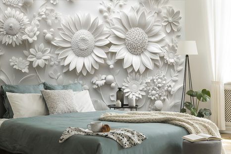 CARTA DA PARATI – FIORI BIANCHI 3D - CARTA DA PARATI CON FIORI - CARTA DA PARATI