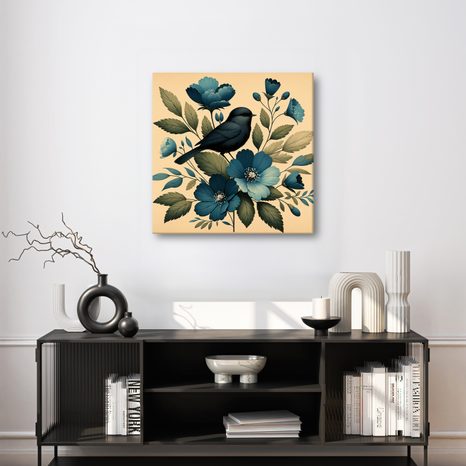 WANDBILD VÖGELCHEN AUF AST MIT BLAUEN BLUMEN - BILDER VON VÖGELN - BILDER
