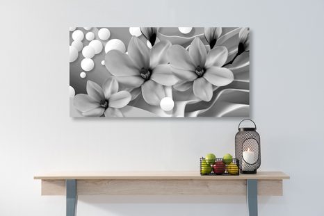 CANVAS PRINT BLACK AND WHITE MAGNOLIA ON AN ABSTRACT BACKGROUND - BLACK AND WHITE PICTURES - PICTURES