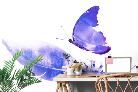 WALLPAPER FEATHER WITH A BUTTERFLY IN PURPLE DESIGN - WALLPAPERS WITH IMITATION OF PAINTINGS - WALLPAPERS