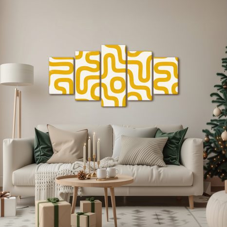 TABLEAU EN 5 PARTIES – LIGNES ABSTRAITES JAUNES - PEINTURES VINTAGE ET RÉTRO - TABLEAUX