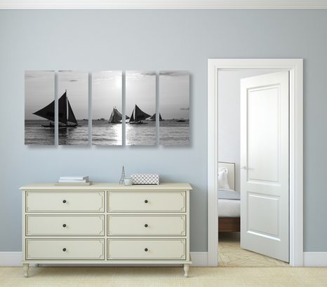 5-DELNA SLIKA ČUDOVITI SONČNI ZAHOD PRI MORJU V ČRNOBELI IZVEDBI - ČRNOBELE SLIKE - SLIKE