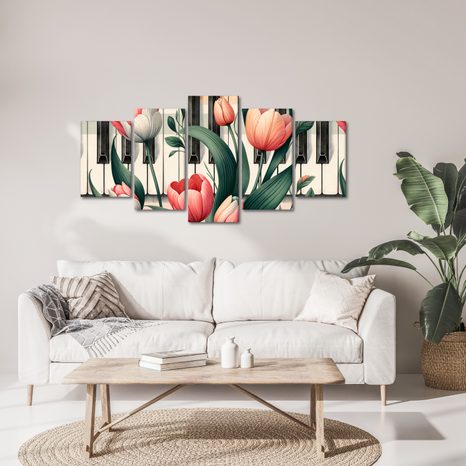 5-DÍLNÝ OBRAZ JARNÍ TÓNY KVĚTIN NA KLAVIATUŘE - OBRAZY KVĚTŮ - OBRAZY