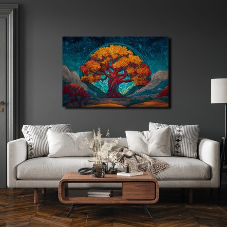 QUADRO SU TELA – MAESTOSO ALBERO DELLA VITA IN MONTAGNA - QUADRI ALBERI DELLA VITA - STAMPE E QUADRI