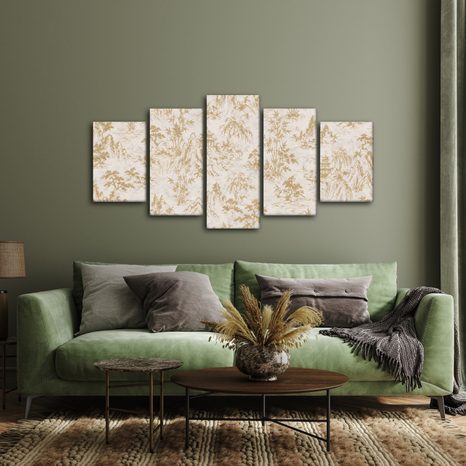 5-TEILIGES WANDBILD GOLDENE ORIENTALISCHE LANDSCHAFT - BILDER MIT FENG SHUI-MOTIVEN - BILDER