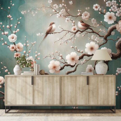 TAPETA JEMNÉ KVĚTY A PTÁČCI NA VĚTVÍCH - TAPETY KVĚTINY - TAPETY