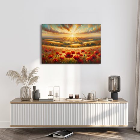 WANDBILD SONNENUNTERGANG ÜBER MOHNFELD - BILDER VON SONNENAUFGANG UND SONNENUNTERGANG - BILDER