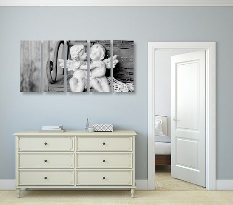 5-TEILIGES WANDBILD STATUE MIT ENGELN AUF DER BANK IN SCHWARZ-WEISS - SCHWARZ-WEISSE BILDER - BILDER