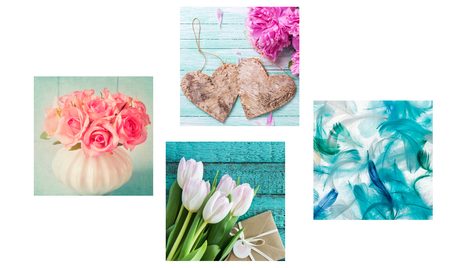 BILDERSET TÜRKISFARBENES STILLLEBEN MIT BLUMEN - BILDERSETS - BILDER